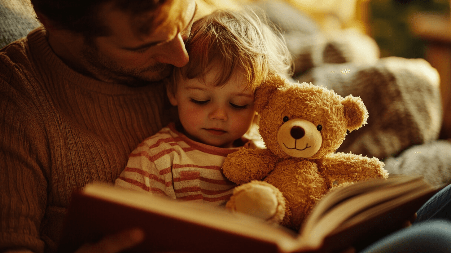 Child hugging stuffed animal while looking at book with parent