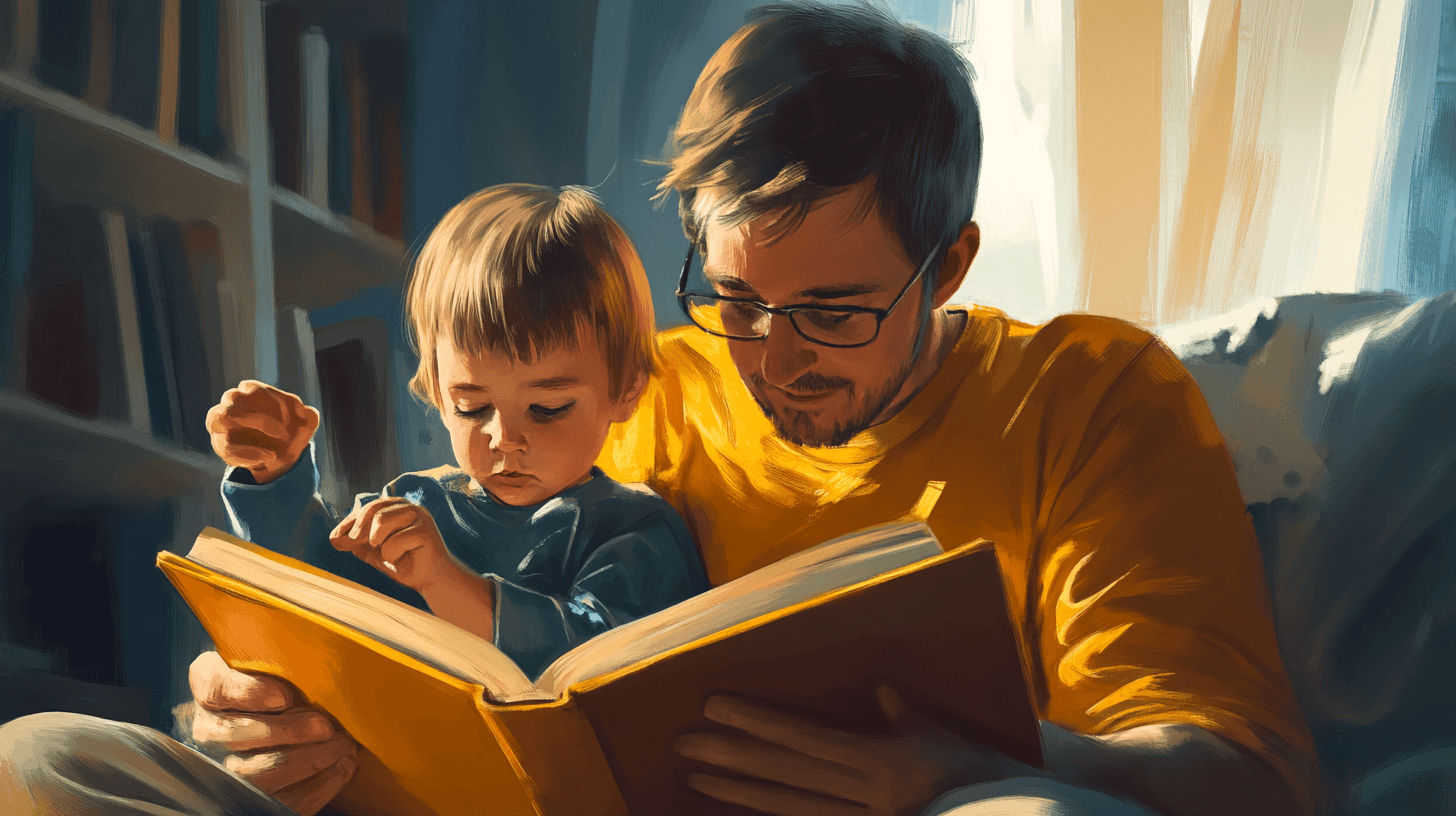 Parent and child reading together, child pointing to something in book