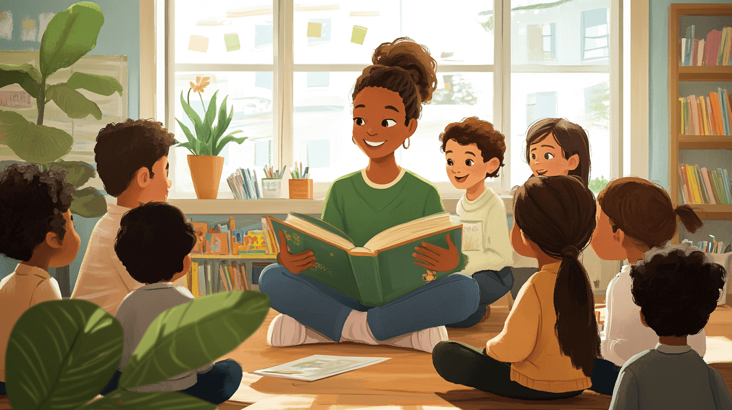 Children discussing a book in a classroom