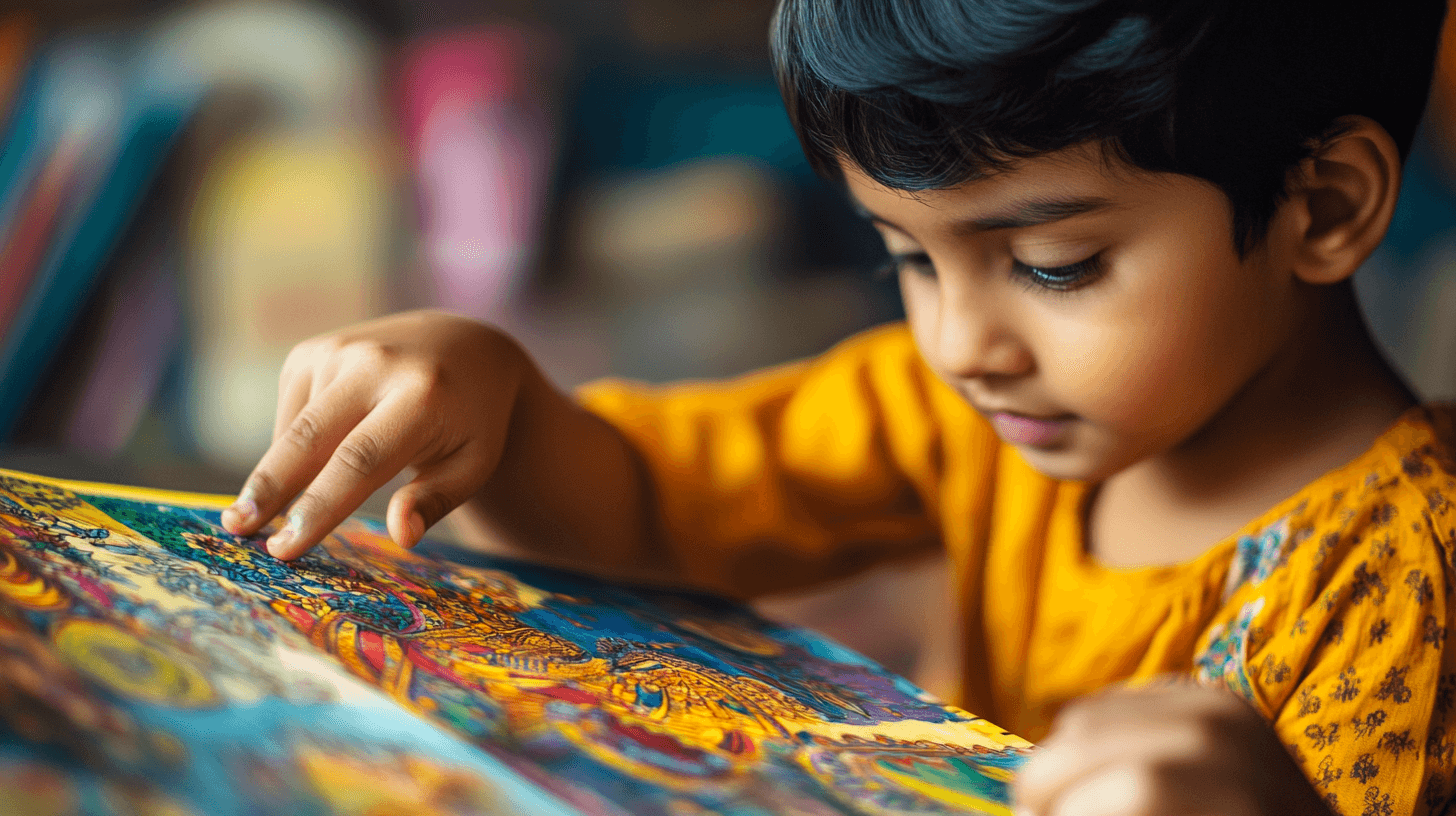 Child excitedly pointing to vibrant illustrations in a cultural story book