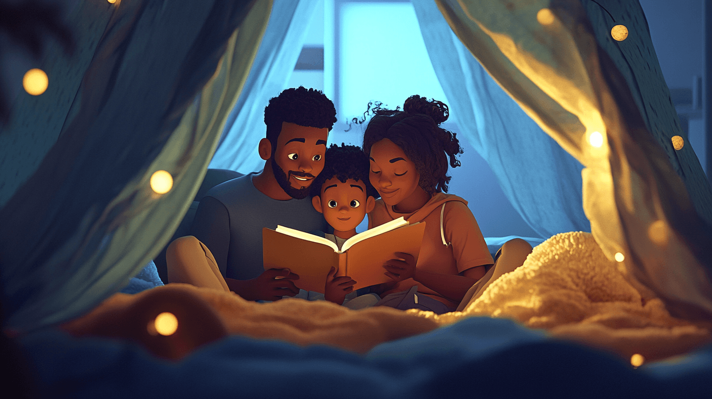 Family snuggled together reading in a blanket fort with soft lighting