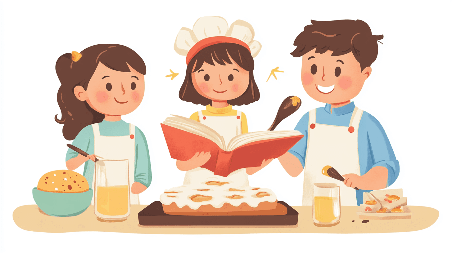 Family reading a cookbook together while baking