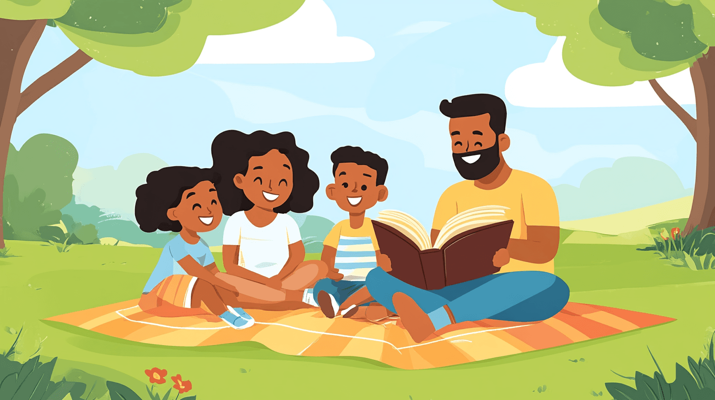 Family reading together during a picnic in a park