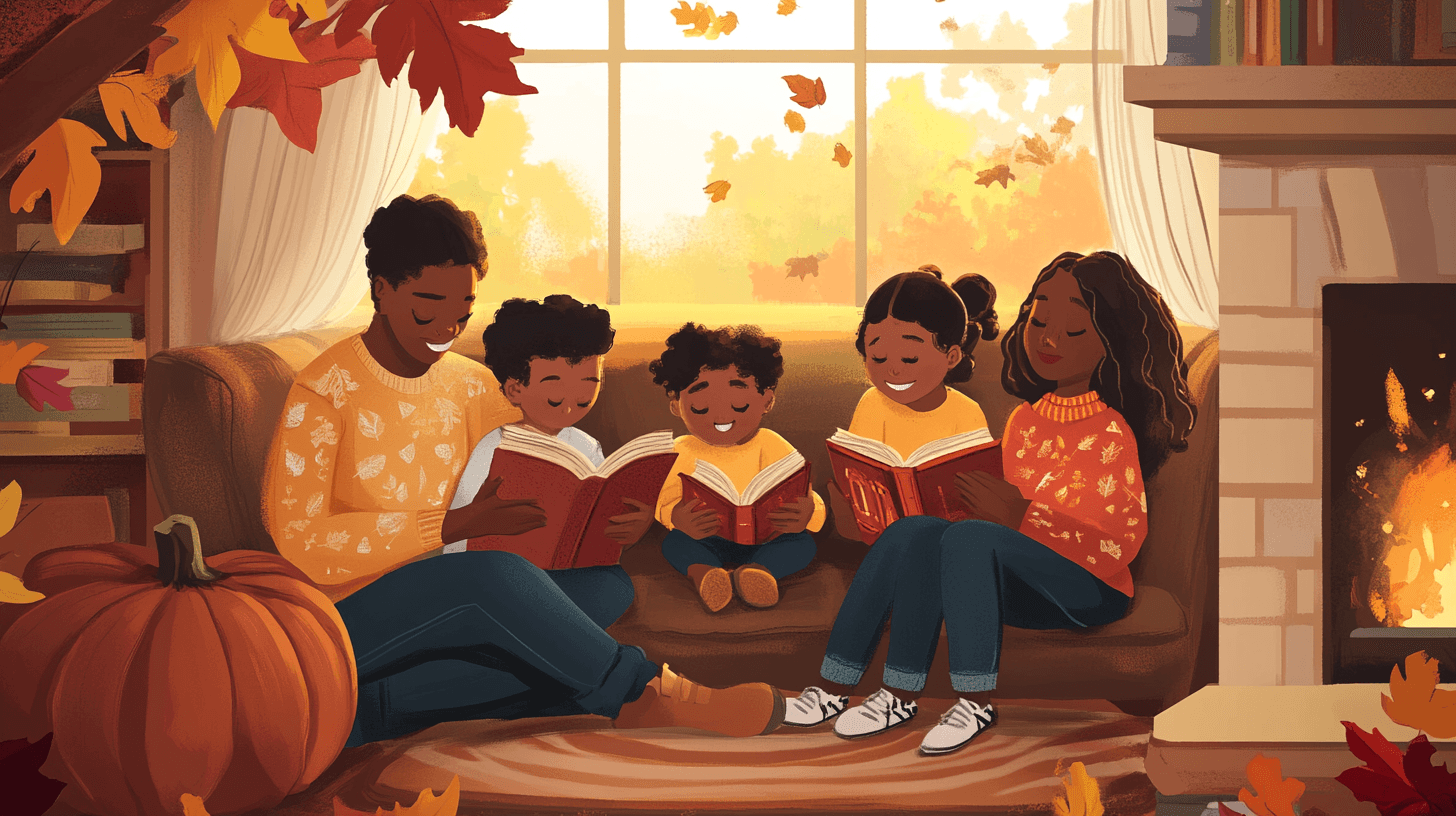 Family gathered around a cozy reading nook with Thanksgiving books